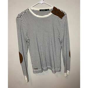 Lauren Ralph Lauren Pullover Shirt Navy White Striped Elbow Patches Women's L